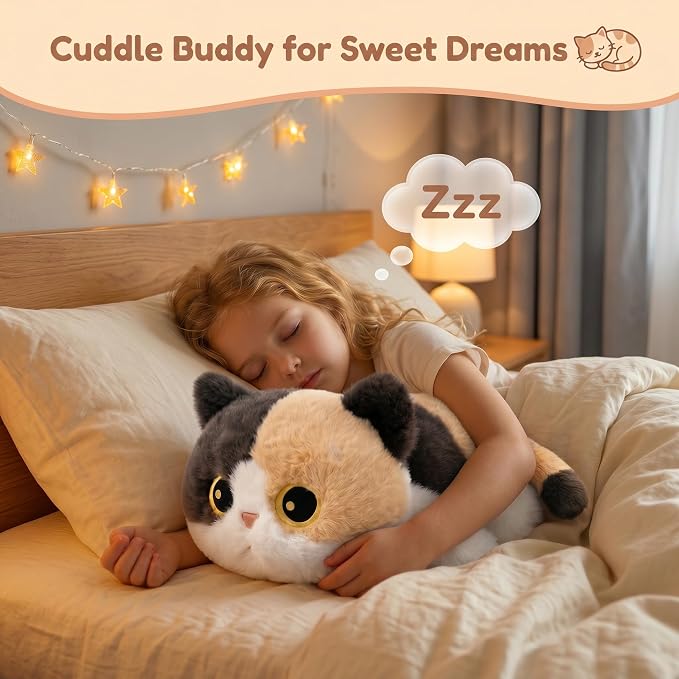 Weighted Cat Stuffed Animal, 16-Inch, 1.8 lbs Calico Cat Plush, Cuddly Soft Plushie Pillow Gift for Kids & Adults
