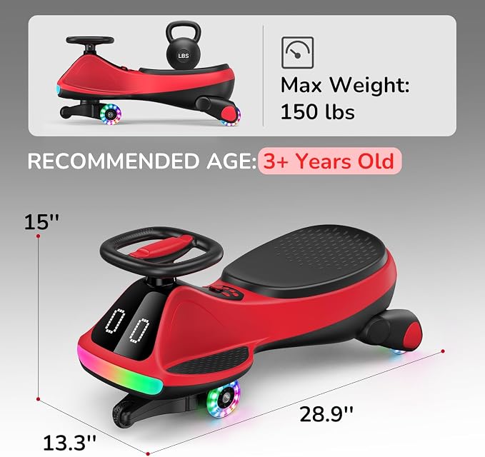 Umatoll 12V Electric Wiggle Car for Kids with Pedal, Display, Rechargeable Battery, LED Light, Bluetooth, Light-Up Wheels, Anti-Rollover, 2 Speeds, Ride on Toys, Birthday Gifts for Age 3+, 150Lbs