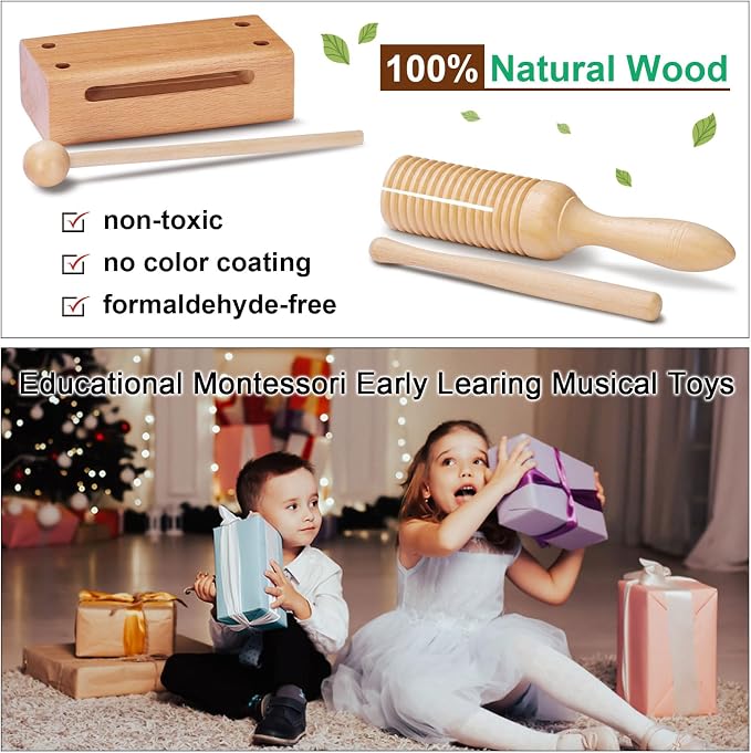 LOOIKOOS Montessori Natural Wooden Musical Instruments Set for Toddlers Preschool Educational Percussion Toys with Storage Bag, Safe Early Learning Toys for Boys Girls (3+)