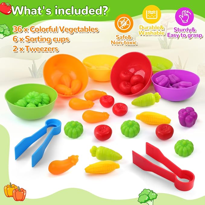 USATDD Counting Vegetables Color Sorting Matching Games with Bowls Preschool Learning Activities Sensory Toys Montessori Toys Easter Basket Stuffers Gifts for Toddlers Kids Boys Girls Aged 3-5