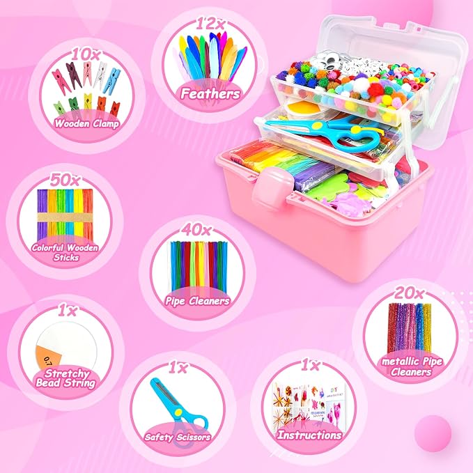 3000 Arts and Crafts Supplies for Kids Craft Kit Craft Box with Pipe Cleaners Arts and Crafts for Kids Age 4-6, 6-8, 8-12 DIY School Supplies Materials Set Toys Gifts for Girls Boys Toddlers, Red