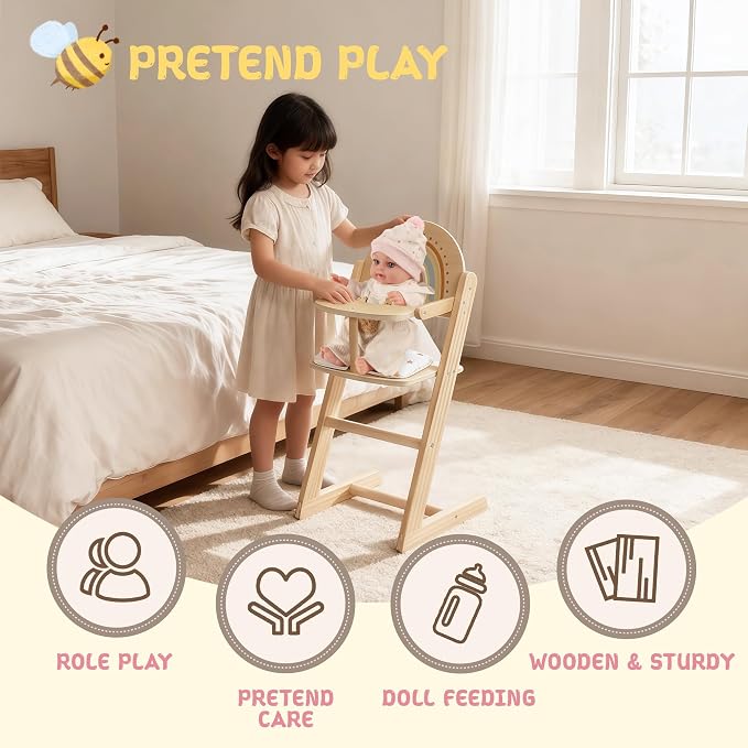 Freniland Wooden Doll High Chair with Cushion, Pretend Play Baby Doll Feeding Chair, Fits 18–20 Inch Dolls, Natural Wood Color for Girls Ages 3+