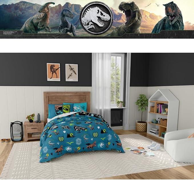 Jurassic World Kids Bedding Super Soft Cozy Reversible Microfiber Comforter and Sheet Set with Sham, 7 Piece Full Size, (Officially Licensed Product) By Franco