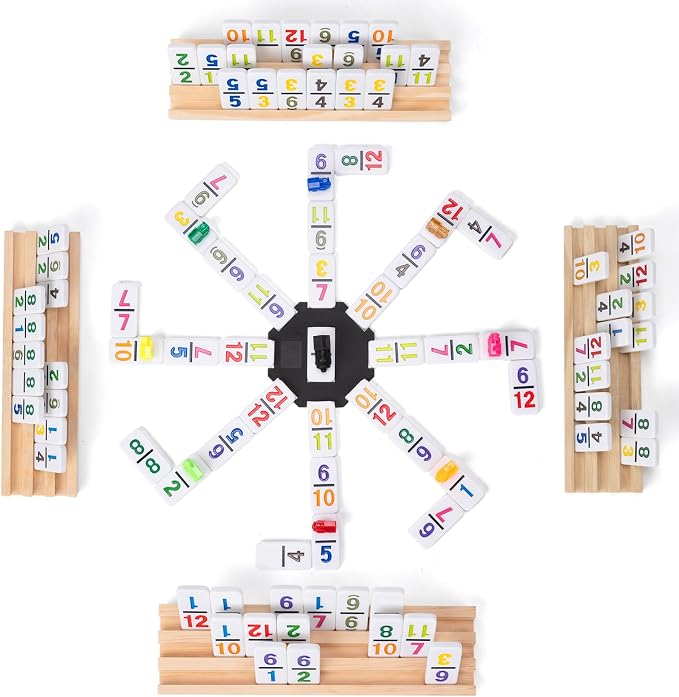 Mexican Train Dominoes Set with 91 Number Tiles, 4 Wooden Racks, Double 12 Dominoes Game Set for Family Fun, Parties, and Travel
