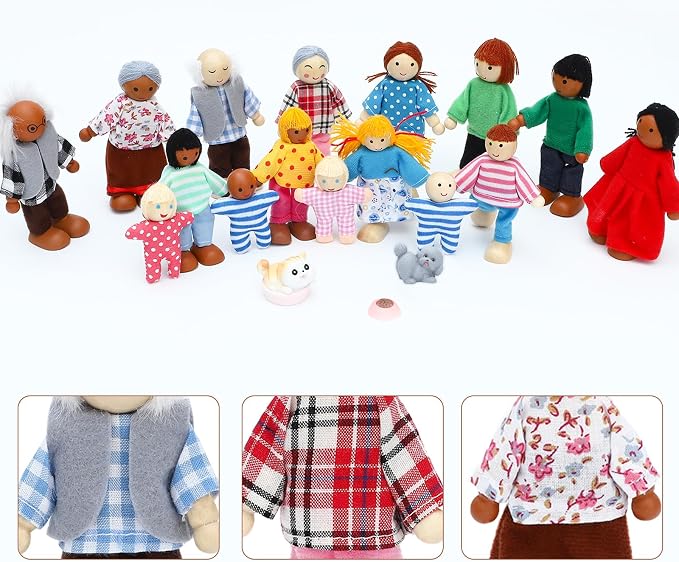 ONEST 19 Pieces Wooden Dollhouse Family Set Mini People Figures Sets Dollhouse Dolls Wooden Doll Family Pretend Play Figures Accessories for Pretend Dollhouse