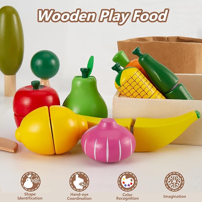 HERSITY Wooden Play Food Set Cutting Fruits and Veggies Toys for Toddlers 1-3, Pretend Play Kitchen Accessories Montessori Educational Toys Gifts for Kids Boys Girls 18 Months+