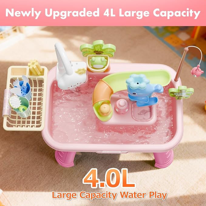 Sand and Water Table Toy for Toddlers, 22 Piece Toy Accessories, 4L Large Capacity Basin, Fishing Game/Kitchen Sink Toys, Perfect Summer Gift for Kids Ages 3-8 (Pink)