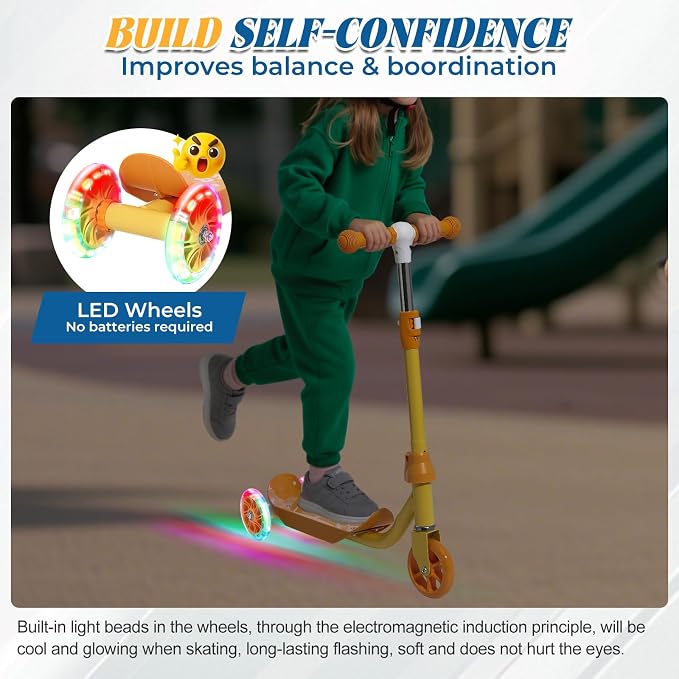 Kids Scooter Ages 3-7, 3 Wheel Scooter with LED Light Up Wheels, Safer Steering & Adjustable Handlebar, Wide Anti-Slip Deck, Heavy Duty Metal Kick Scooter for Boys Girls Toy Gift, Up to 110 lbs