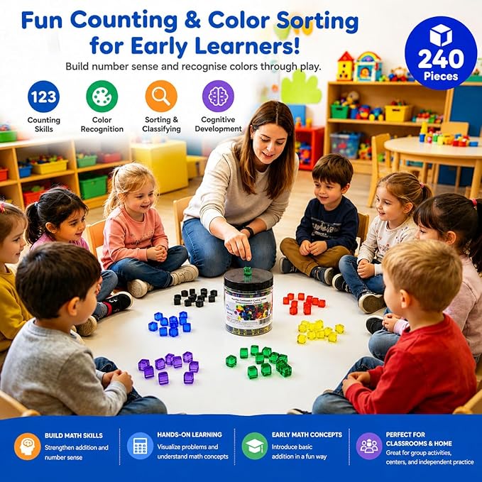 240PCS Centimeter Cubes,Counting/Sorting Toy,Translucent,6 Colors | Counting Cubes,Plastic Math Cubes, Early Development Activity Games, Portable Box