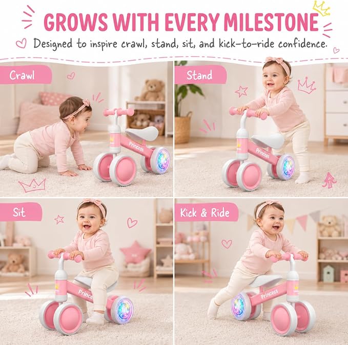 BEKILOLE 1 Year Old Girl Gifts Baby Balance Bike 1st Birthday Girl Gift with LED Light Up Wheels for 12-24 Months Toddlers - ASTM Certified 2-Minute Assembly Pink First Ride On Training Toy