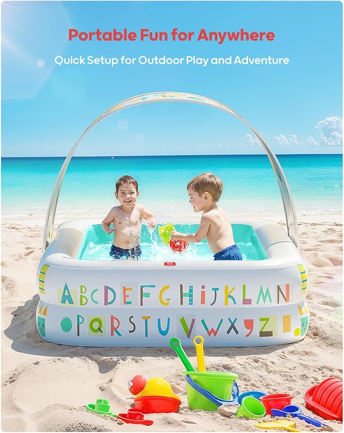 QPAU Kiddie Pool – 65" x 39" Inflatable Pool for Kids & Toddlers, Ball Pit & Baby Pool with Soft Cushioned Floor, Canopy for Sun Protection, Durable Outdoor Play Toys for Backyard & Indoor (Green)
