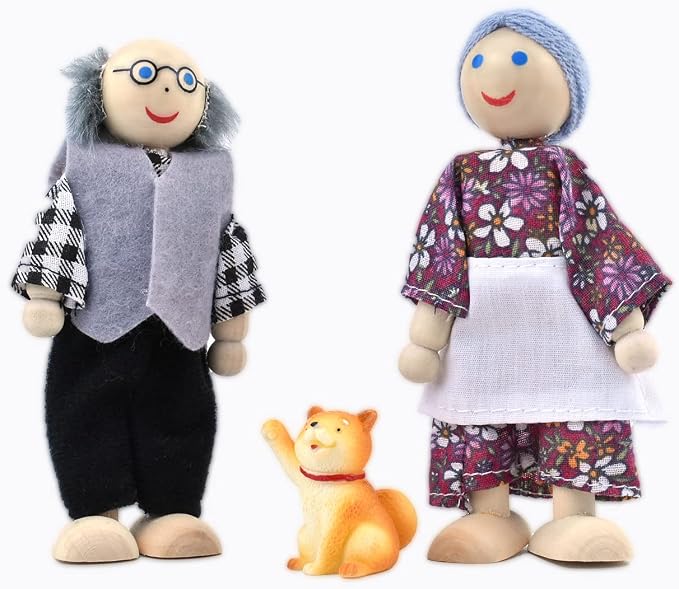 Jzszera Wooden Dollhouse People, 2-4 inches Doll House Dolls Family with 2 Pets (Dog and Cat)
