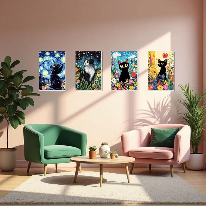 RYMILIE 4 Pack Diamond Art Painting Kits for Adults, DIY Cat Diamond Painting Kits Round Diamond Dots for Adults,5D Full Drill Painting Kit Art and Crafts for Adult Home Wall Decor 12x16inch