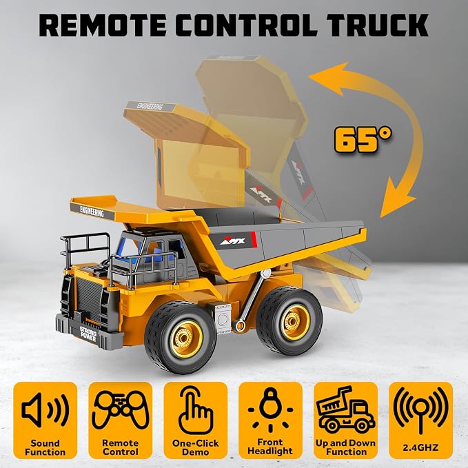 Remote Control Excavator and Dump Truck Toy Set for Kids, 2.4GHz RC Construction Vehicles with Light, Sound Effects, Metal Bucket, Claw and Drill Attachments, Engineering Truck Toys for Boys and Girls