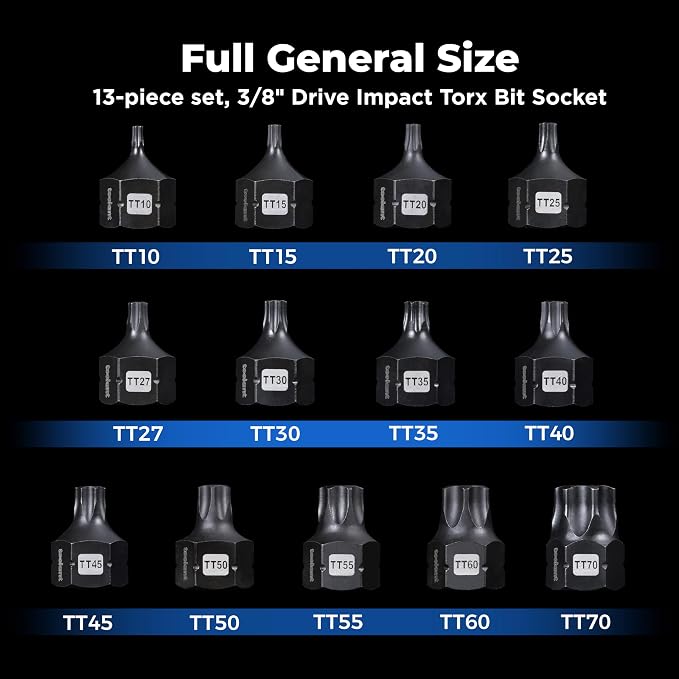 toolant 3/8"drive impact torx bit socket set 13PCS,Hex Drive,TT10-TT70, S2 Steel Air Drive Torx Socket set,Impact Grade，Anti-Roll Design