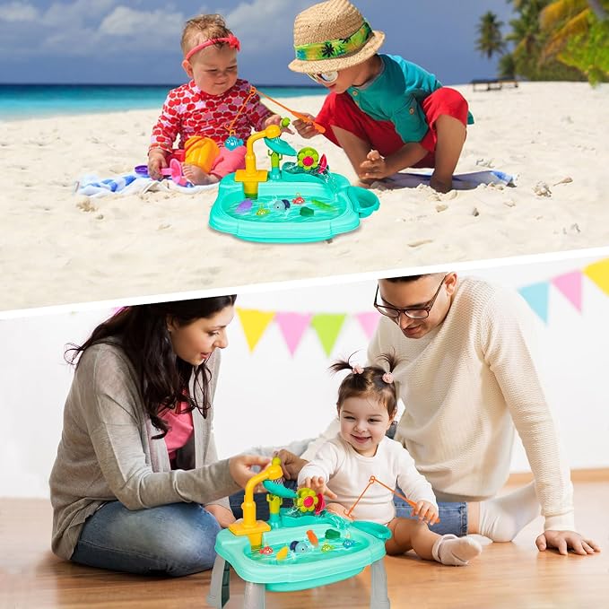 Mini Water Table for Toddlers, 360° Electric Faucet Play Sink with Fishing Game Running Water Play Sink with Fishing Play, Sensory Activity for 3+ year Olds, Perfect for Outdoor & Indoor Use