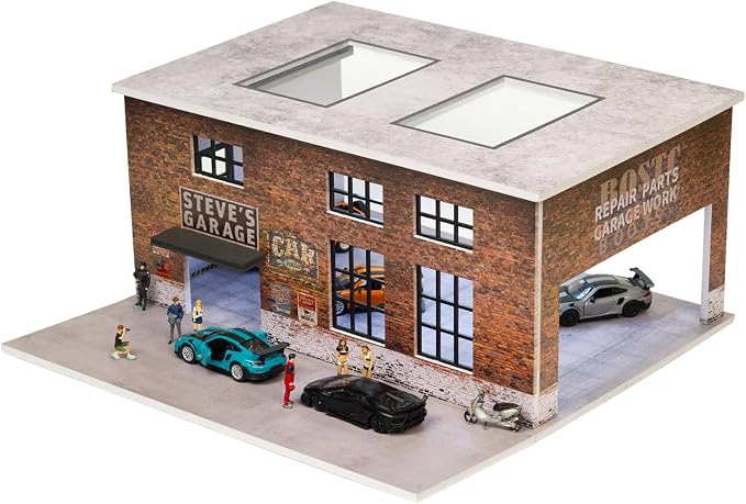 1/64 Scale Display Case Car Garage Model, Factory Building Cover Diecast Diorama Box Decorative Miniature Scene with LED Light for Toy Car Display and Storage