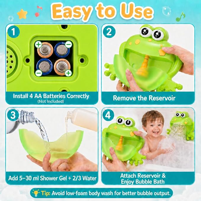Bath Toys for Toddlers 1-3, LED Light Up Frog Bubble Machine with 24 Songs & Song Switch, Automatic Bubble Maker Blower for Baby Bathtub, Fun Shower Toys for Boys Girls, 18M+