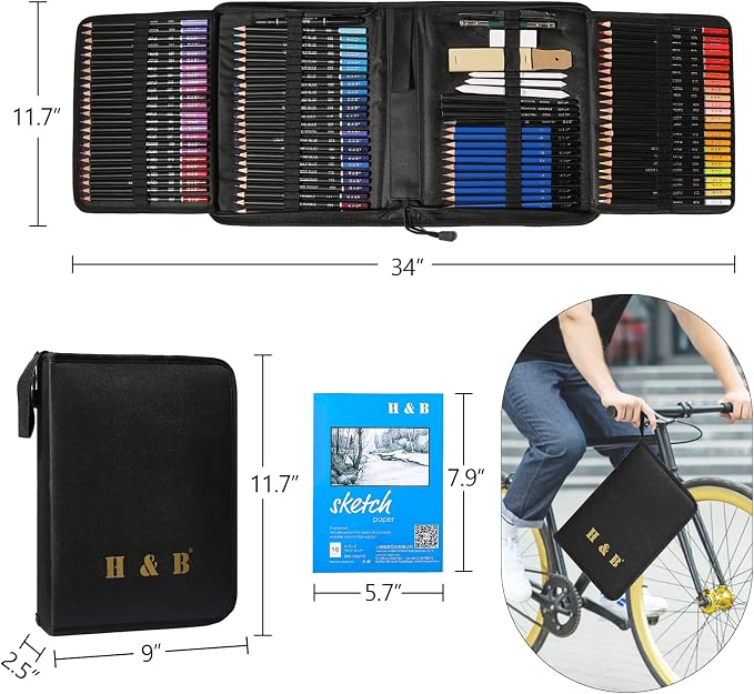 H & B H & B145 PCS Children Adult Artist Drawing and Art Supply Kit, Sketch Gift Box, Shading and Tinting Colors, Including Graphite Pencils, Drawing Sketch Kit