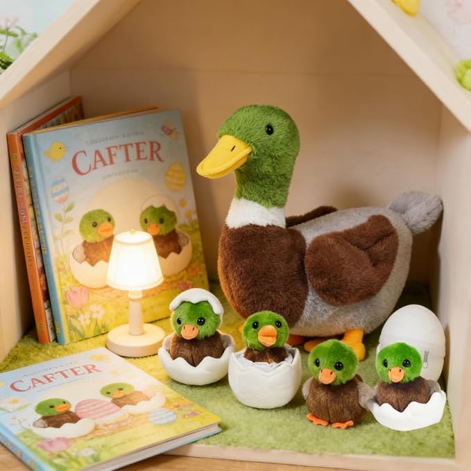 Youthfuljive 7 in 1 Mallard Duck Stuffed Animals Duck Plush Toys, 12" Zipper Mommy Stuffed Duck with 4 Baby Ducks Ducklings Eggs Green Duck Plushies Pillow for Kids Birthday Farm Party Decor