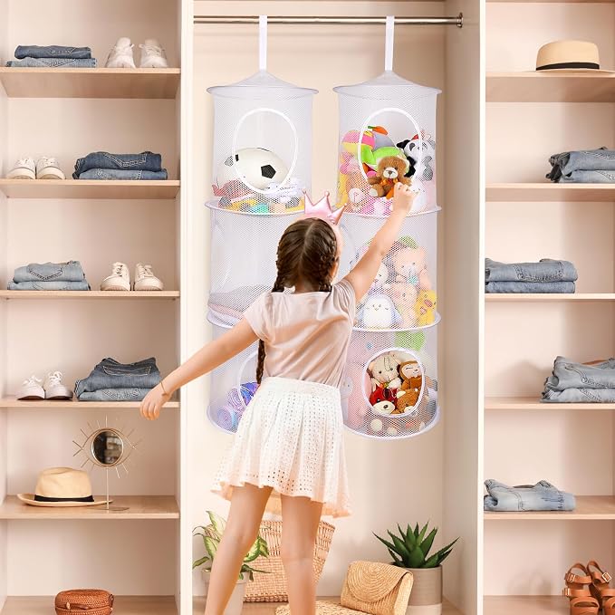 Basumee Stuffed Animals Net or Hammock 2 Pcs Stuffed Animals Storage Toy Net Hammock for Plushies Storage Organizer Mesh Kids Girls Room Decor, White, 3 Tiers