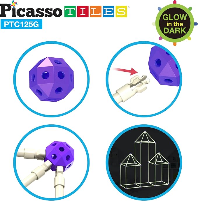 PicassoTiles Glow-in-The-Dark Indoor Outdoor Tunnel Tent Kids Fort Building Kit Playhouse for Boys & Girls Ages 3+ STEM Construction Toy Creative, Imaginative Play, and Problem Solving Skills PTC125G