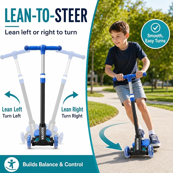 Kids Kick Scooter for 3-12,Lean-to-Steer 3 Wheel Scooter for Beginners with Light-Up Wheels,3 Adjustable Handlebar 27.5"–33",6-Inch Wide Deck,Rear Foot Brake,Foldable Scooter for Boys & Girls