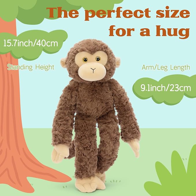 MorisMos 3Pcs Hanging Monkey Stuffed Animal Plush Toys, 16" Stuffed Monkey with Long Hands – Wearable & Huggable, Soft Cuddly Monkey Plushies for Home Decor, Christmas Birthday Gift for Kids Adults