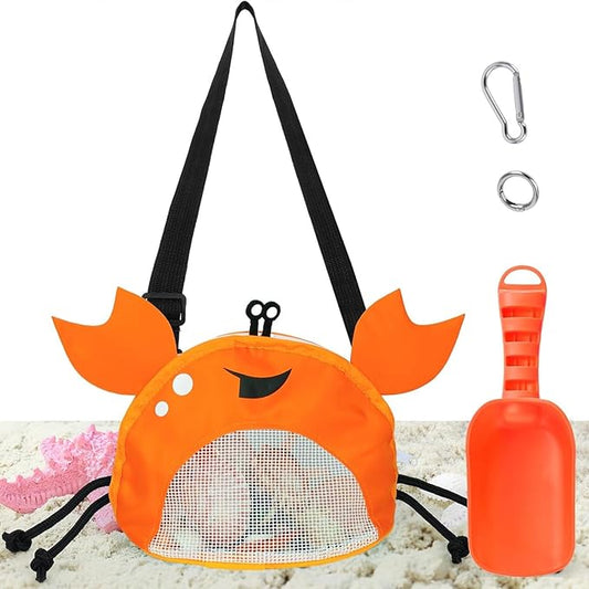 AMOR PRESENT Mesh Beach Bag for Kids, Shell Collecting Bag with Shovel Adjustable Strap for Holding Shell Sea Pool Sand Toy, Orange