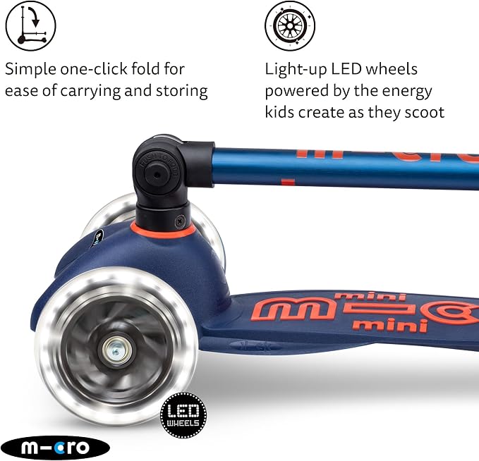 Micro Kickboard | Mini Foldable LED Kids Scooter for Ages 2-5 | Children up to 110 lbs | 3 Wheel Lean-to-Steer Design | Adjustable T Bar | Smooth Ride, Motion-Activated PU LED Wheels | Swiss Design