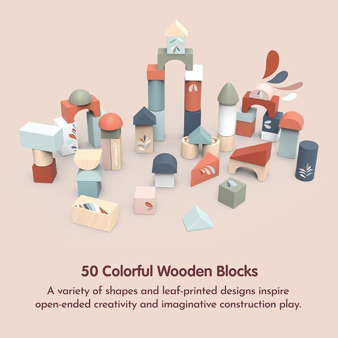 SPEEDY MONKEY Wooden Building Blocks Set 50 Pieces | Stacking Construction Blocks Toy | Educational STEM Learning Toys for Toddlers & Kids | Preschool Creative Building Play Set