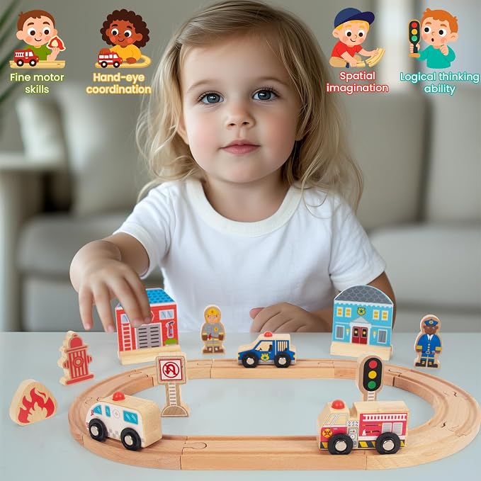 Wooden Train Set for Toddler, Wooden Tracks fits Thomas, fits Brio, fits Chuggington, fits Melissa and Doug - Expandable, Changeable Train Toy for 3 4 5 Years Old Girls & Boys (Police)