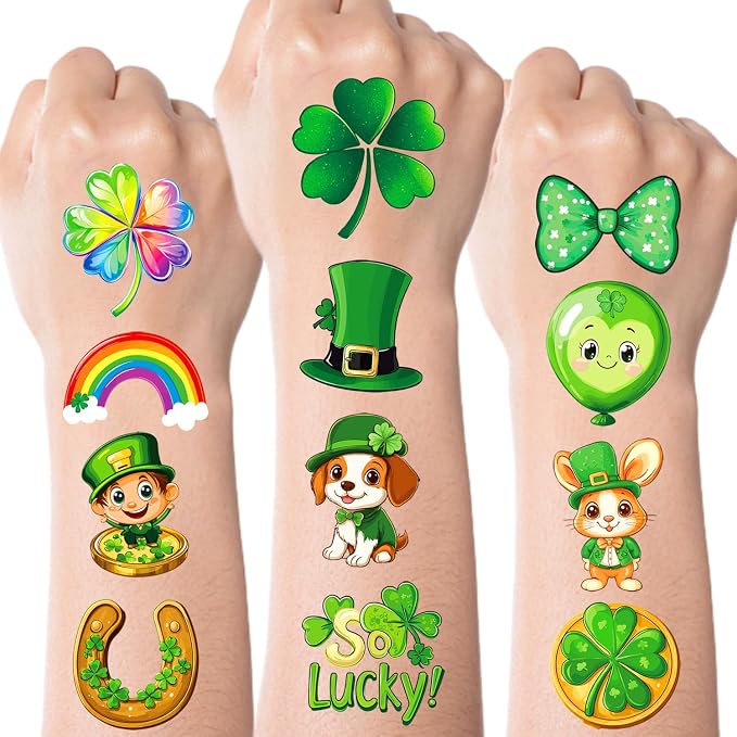 JCFIRE St Patricks Day Tattoos for Kids, Shamrock Stickers Temporary Tattoos for Children, Saint Patricks Day Accessories Party Favors, Lucky Irish Decor Gifts, St Paddy Decorations Supplies