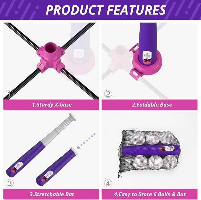 HYES Baseball Set - 3 Ways to Play, Adjustable Height, Easy to Assemble, Safe & Sturdy, Ideal Sport Gift for Kids