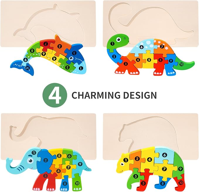 7 Pack Wooden Puzzles for Toddlers 3-5, Montessori Animal Puzzles for Kids Ages 3-5 with Numbers 1-10, Preschool Learning Educational Toys for 3 4 5 Year Old Boys Girls Birthday Gift