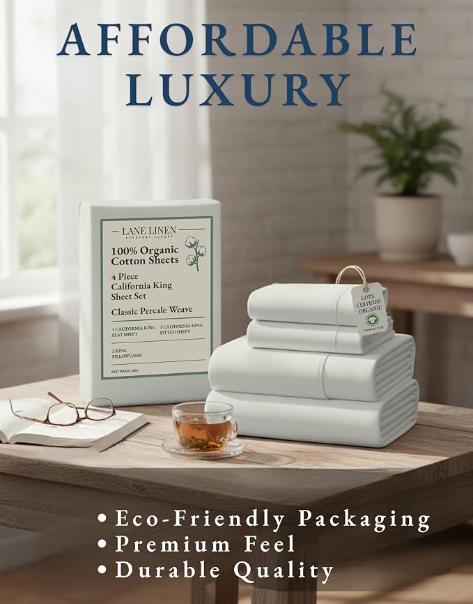 LANE LINEN Cal King Bed Sheets 100% Organic Cotton Soft 4pc - Glacier Grey | Cal King Sheet Set, 100% Organic Cotton Percale - Crisp Hotel-Style Feel, Soft From The First Wash, Crisp Cool Percale Weave