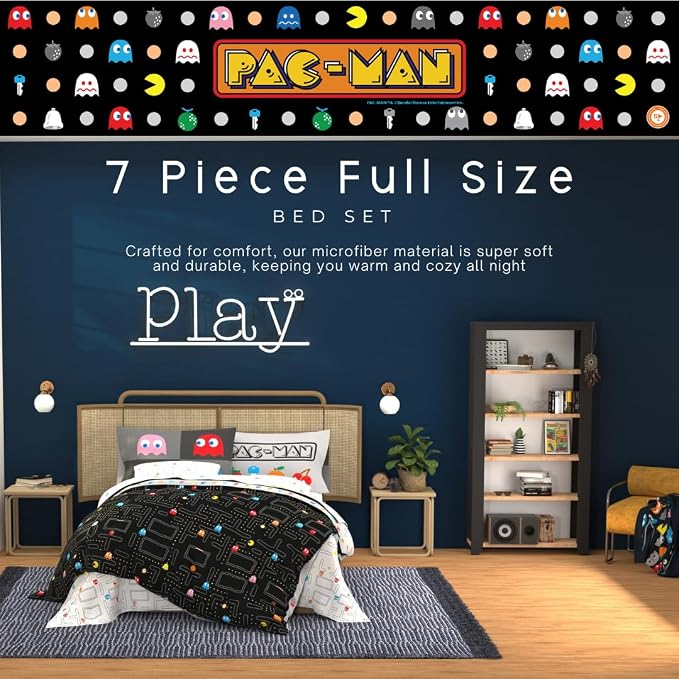 Pac-Man Gaming Bedding 7 Piece Super Soft Cozy Reversible Comforter and Sheet Set with Sham, Full, (Officially Licensed Product) By Franco