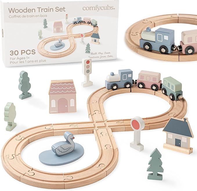 Comfy Cubs 30-Piece Wooden Train Set for Toddlers Ages 1+, Fun & Eco Friendly Toddler Train Set with Wooden Toy Tracks - Creative Toy Town Promoting Imaginative Play with Flexible Configuration