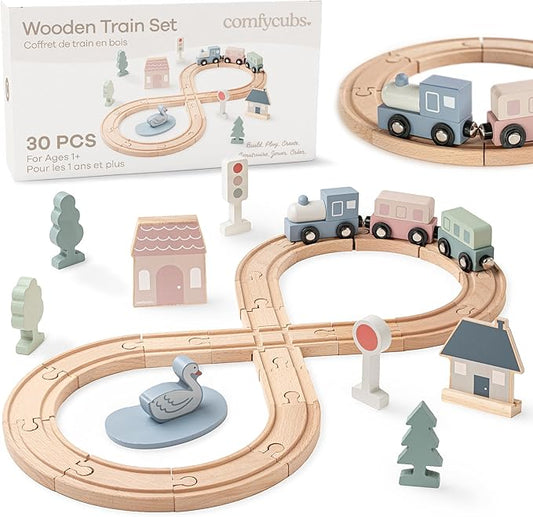 Comfy Cubs 30-Piece Wooden Train Set for Toddlers Ages 1+, Fun & Eco Friendly Toddler Train Set with Wooden Toy Tracks - Creative Toy Town Promoting Imaginative Play with Flexible Configuration