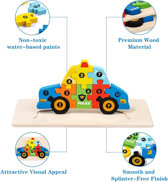 Wooden Puzzles for Toddlers Ages 3-5, 6 Pack Montessori Transportation Vehicle Toys with Numbers 1-10, Educational Preschool Learning Toy, Birthday Gift for 3 4 5 Year Old Boys & Girls (60 Pieces)