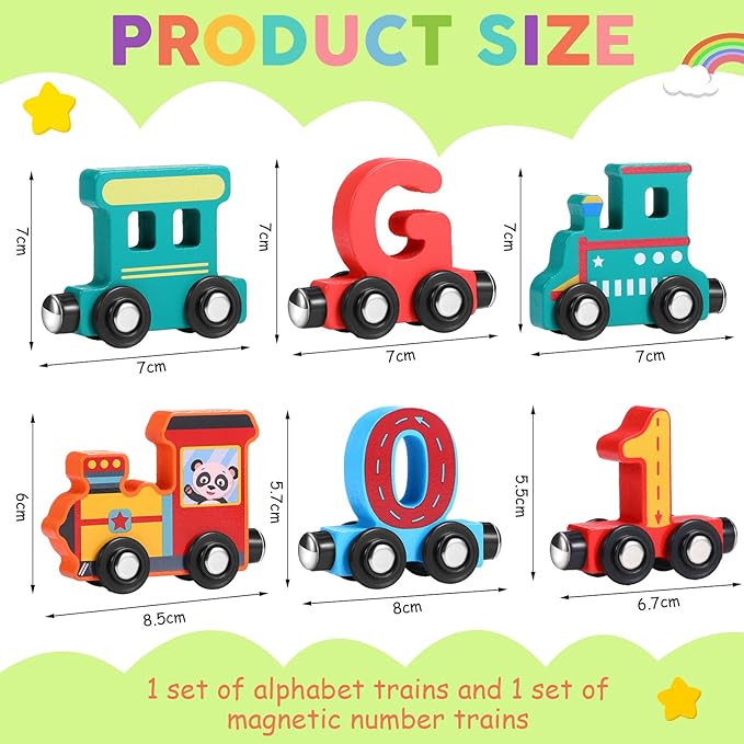 43 Pcs Magnetic Wooden Alphabet Number Trains Set for Kids with 26 Alphabet, 14 Number Trains, 3 Locomotives, Learning Toys for Toddlers Boys Girls Educational Gift for 3-7 Year Olds