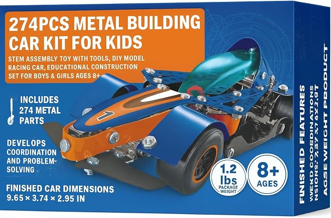 Metal Model Car Kit to Build for Kids – 274 Pcs STEM Construction Set, DIY Mechanical Engineering Toy with Tools, Durable Steel Alloy Racing Car, Advanced Educational Gift for Boys Ages 8-12