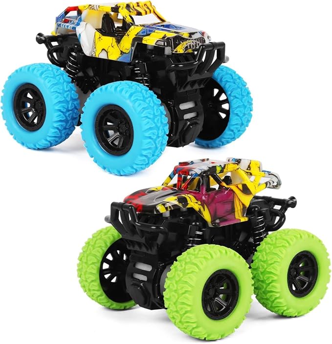 M SANMERSEN Monster Truck Toys for Kids, Friction Cars for Toddlers Push and Go 360° Rotating Stunt Car for 3+ Year Old Boys Girls Gifts (2 Pack - Blue and Green)