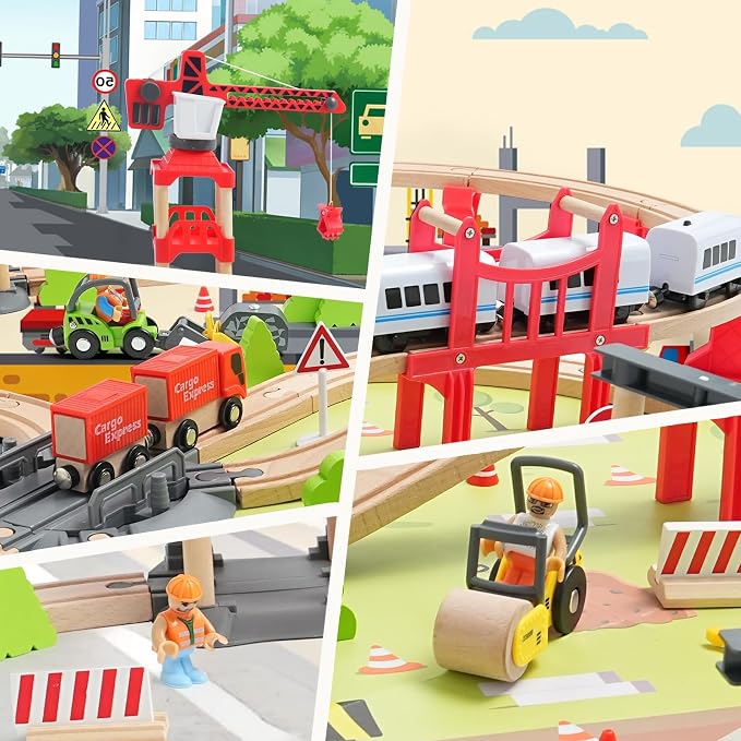 104 Pcs Wooden Train Set for Toddlers, Magnetic Trains with Track for Kids Ages 3-6, Compatiable with Major Brands, Construction Railway Playset Gifts for Boys and Girls Ages 3+