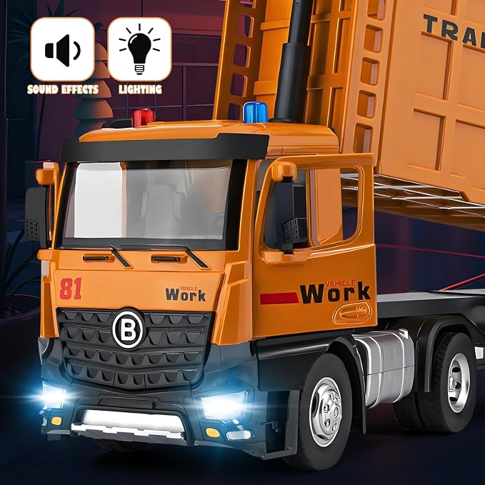 HAPYAD Dump Truck Toy Metal Cab, Big Trucks for Toddlers Boys 3-5, 16.5" | Large Semi Truck, Lights and Sounds, Friction Powered, Trucks for Toddlers 1-3 Boys, Diecast Construction Toys