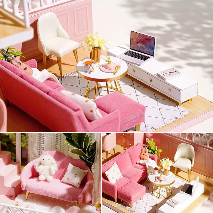 TuKIIE DIY Miniature Dollhouse Kit with Furniture, 1:24 Scale Creative Room Mini Wooden Doll House Accessories Plus Dust Proof & Music Movement for Kids Teens Adults(Warm Moments)