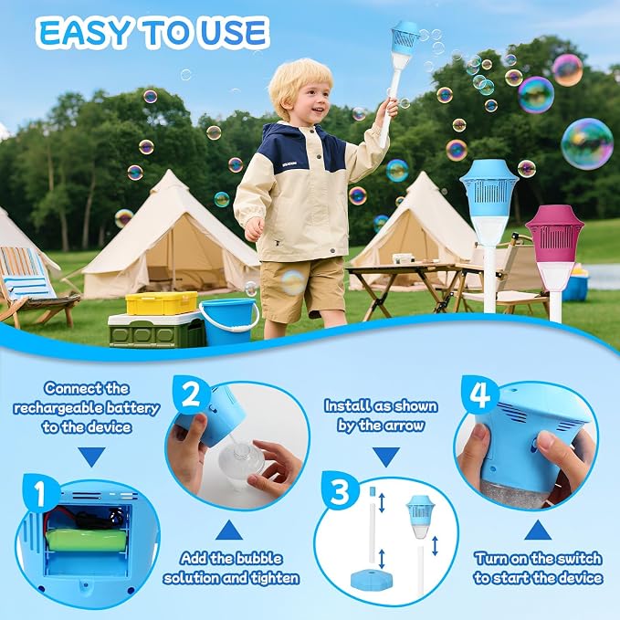 Automatic Bubble Machine for Kids, 2026 New Standing Bubble Maker with Lights & Music, Height Adjustable Up to 47'', Rechargeable Bubble Blower Toys Bubbles Machine for Wedding Party (Blue)