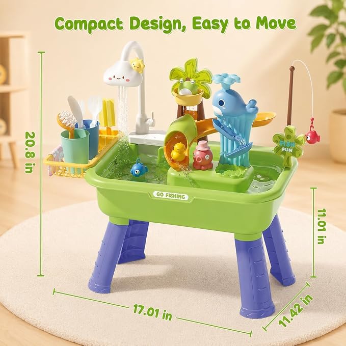 Sand and Water Table Toy for Toddlers 1.5+, 22 Pcs Accessories, 4L Large Capacity Basin, Fishing Game and Kitchen Sink Play, Outdoor Sensory Summer Gift for Kids, Spring-Green
