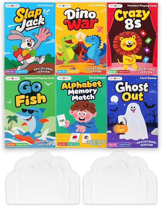 Educational 6 in 1 Kids Card Games, Alphabet & Simple Math, Large Cards | 6 Themes Designed With Mordern Education Concepts, Go Fish, New Old Maid, Gift for Kids 4+, Card Holders Included