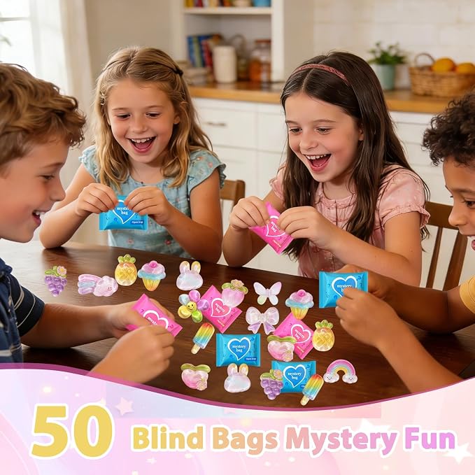 50PCS Rainbow Mystery Blind Bag Mini Toy Set, Colorful Mini Resin Charms Bulk, Cute Surprise Toys, DIY Slime Accessories, Mini Figures for Crafts, Dollhouse Decoration, Party Favor Gift for Kids